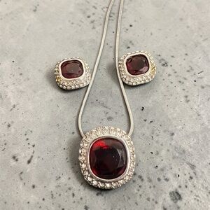 Silver Necklace and Stud Earring Set with Red Gemstones